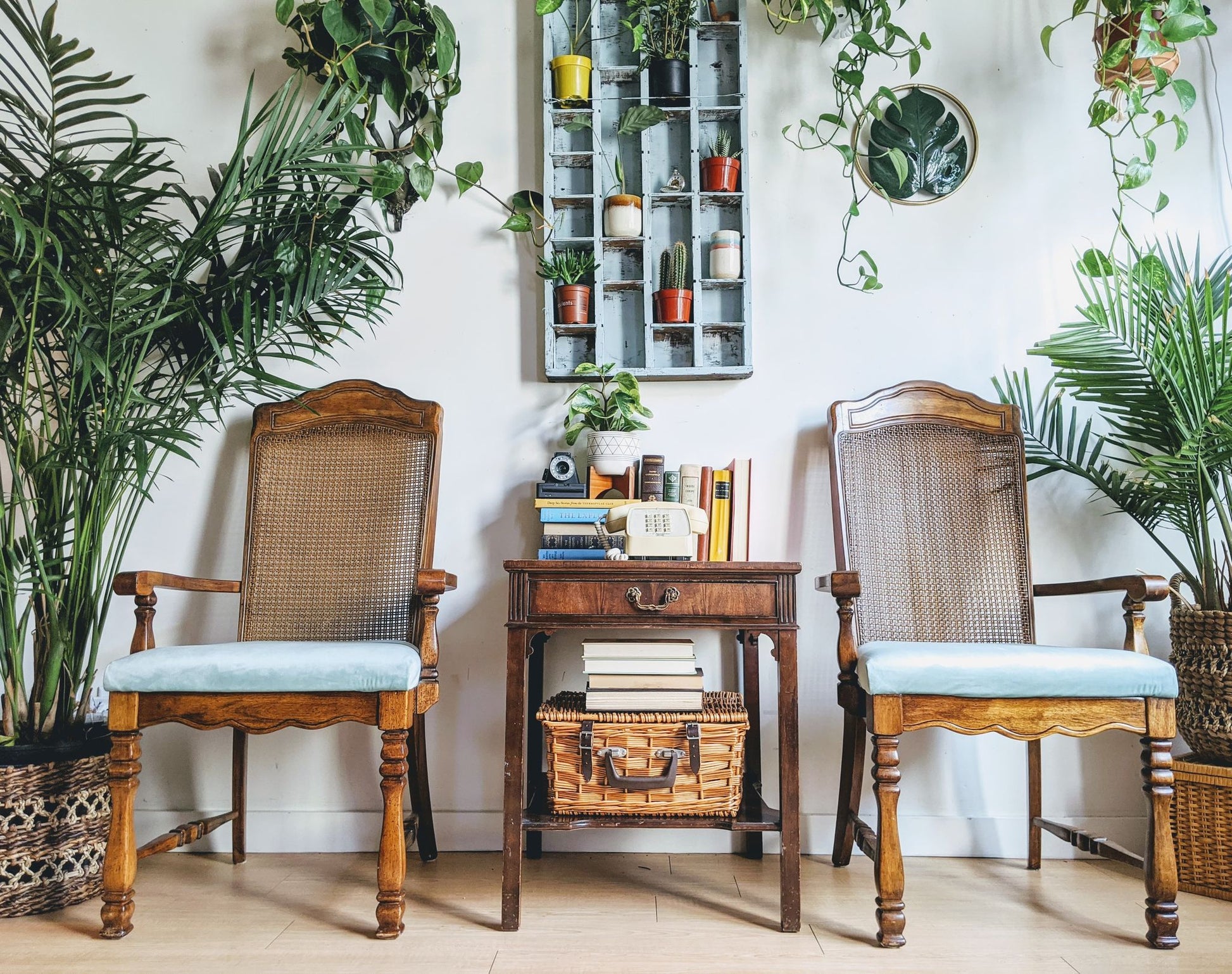 Vintage Retro 70s style dinning room chairs with powder blue velvet cushion