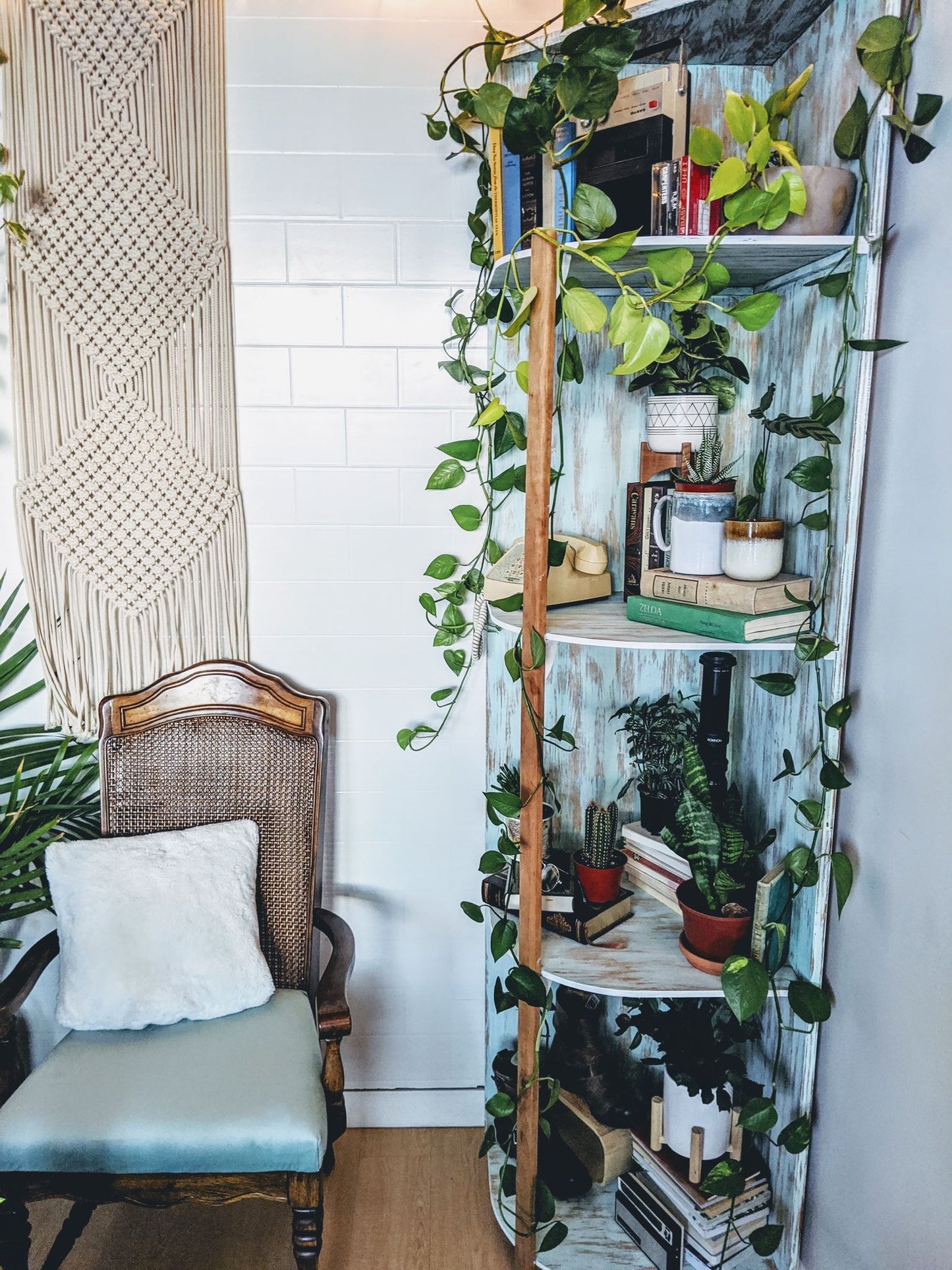 Tall Wood Shelf 4 Levels Vintage Retro Seaglass Blue Color