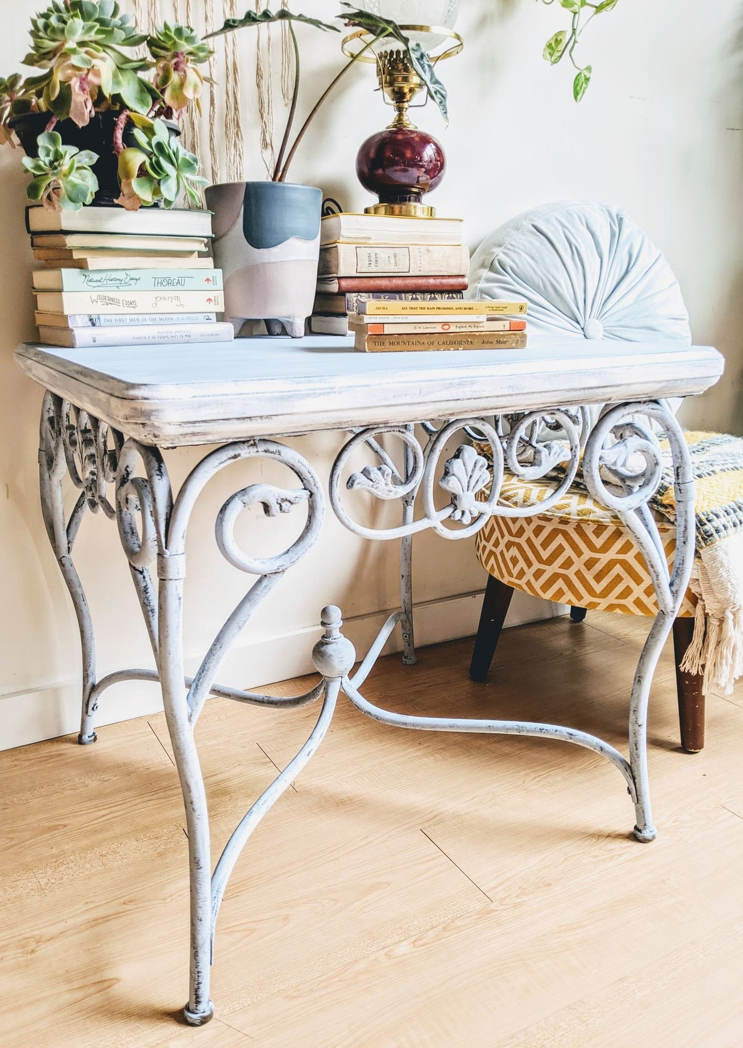 victorian retro vintage blue and black distressed paint tables  Edit alt text