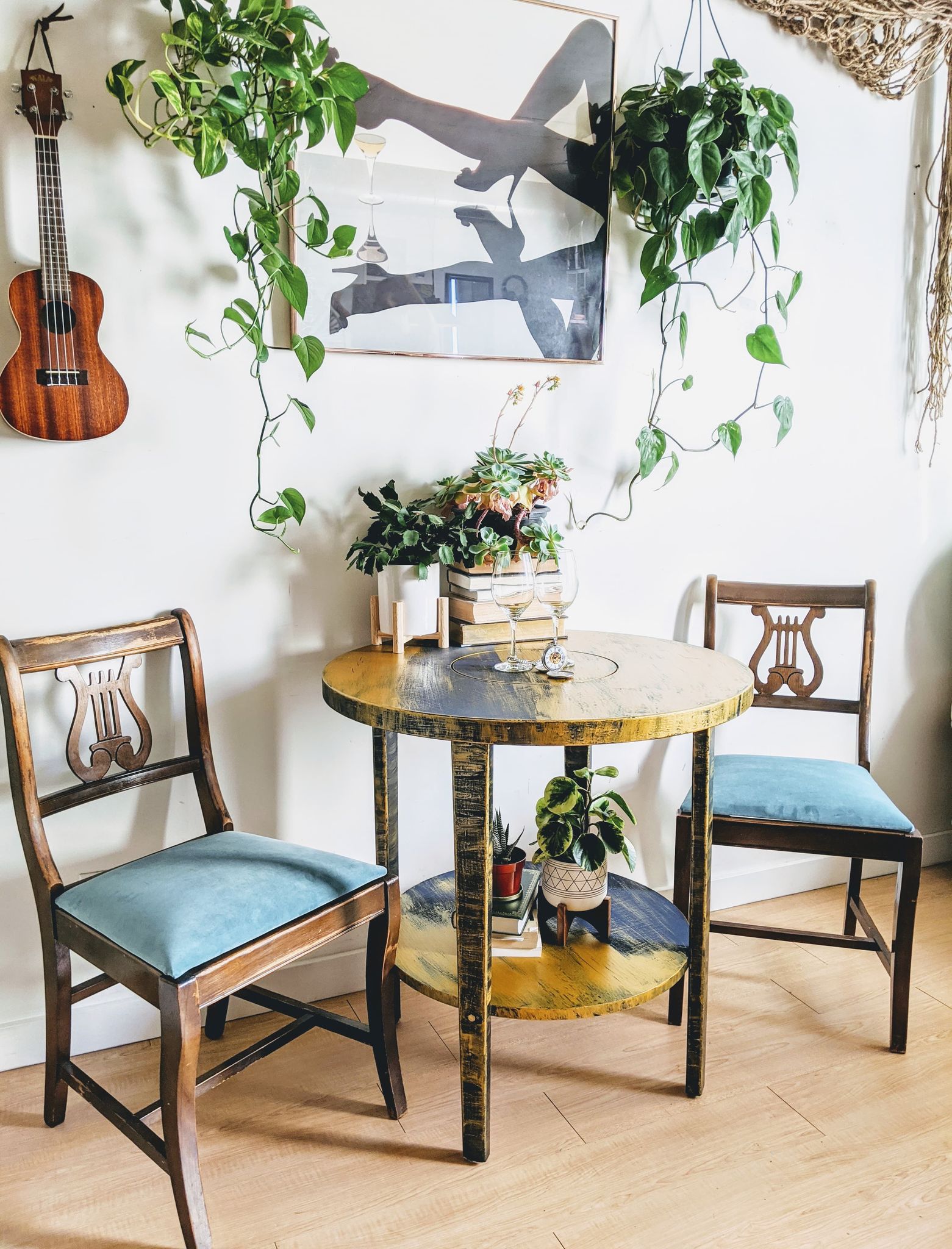 Supernova Saturn Gold and Dark Blue Round Table With Lower Shelf Bohemian Style  Edit alt text