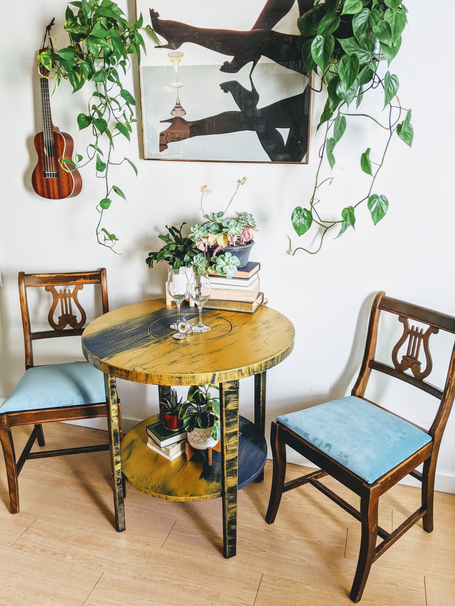 Supernova Saturn Gold and Dark Blue Round Table With Lower Shelf Bohemian Style  Edit alt text