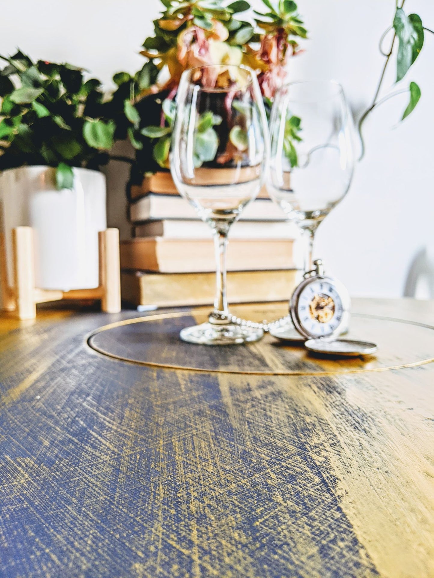 Supernova Saturn Gold and Dark Blue Round Table With Lower Shelf Bohemian Style  Edit alt text