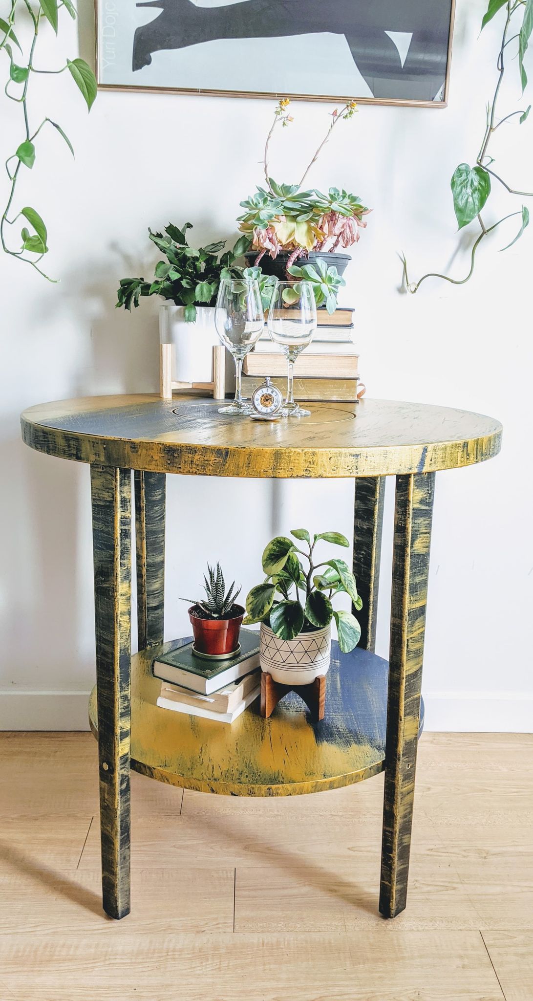 Supernova Saturn Gold and Dark Blue Round Table With Lower Shelf Bohemian Style  Edit alt text