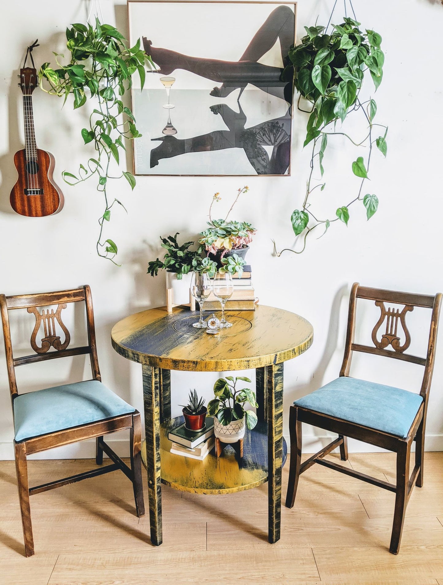Supernova Saturn Gold and Dark Blue Round Table With Lower Shelf Bohemian Style