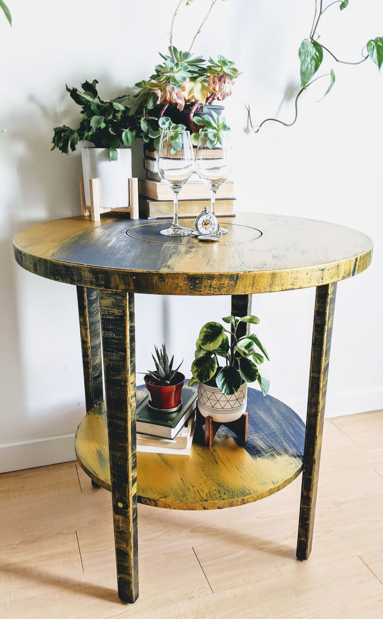 Supernova Saturn Gold and Dark Blue Round Table With Lower Shelf Bohemian Style  Edit alt text