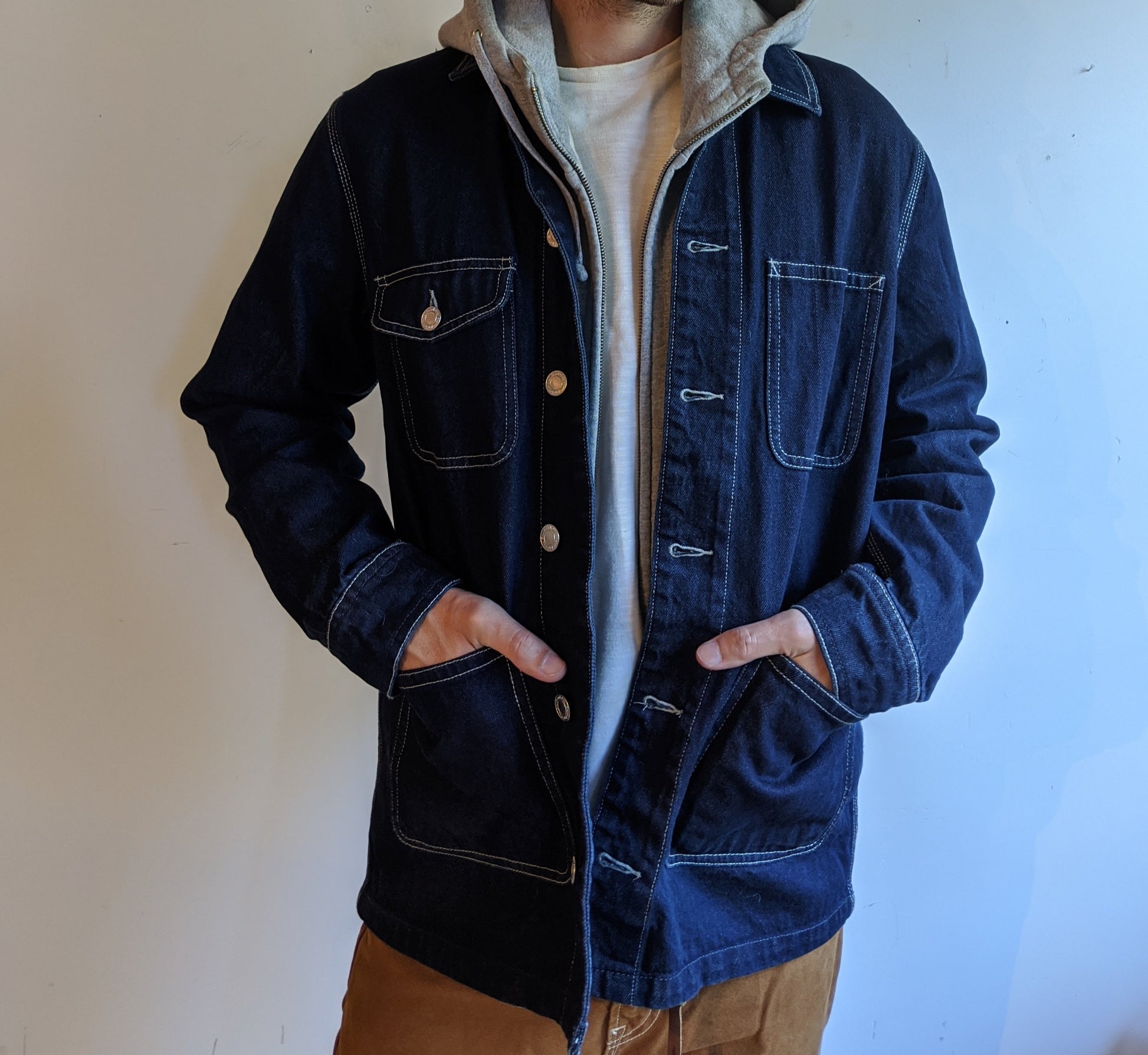 chore jacket blue denim men small paul newman prison