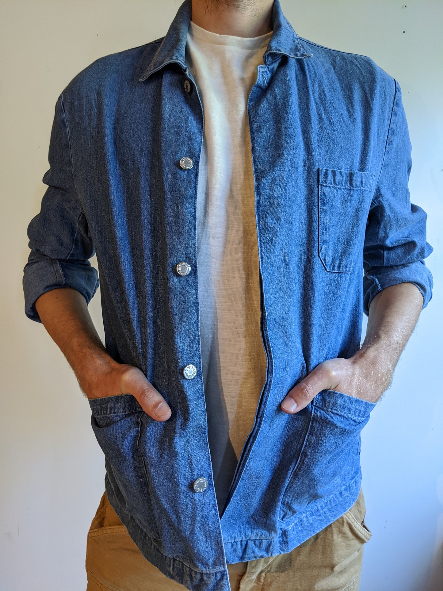 French Style Worker Jacket Shirt Blue Men Cotton