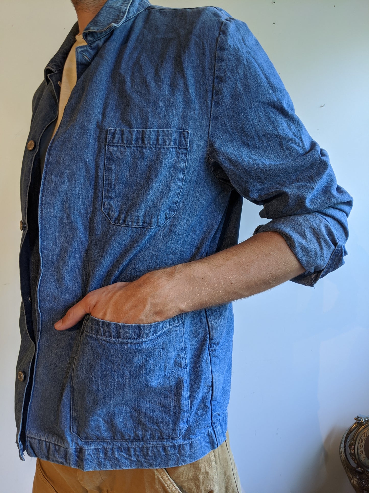 French Style Worker Jacket Shirt Blue Men Cotton