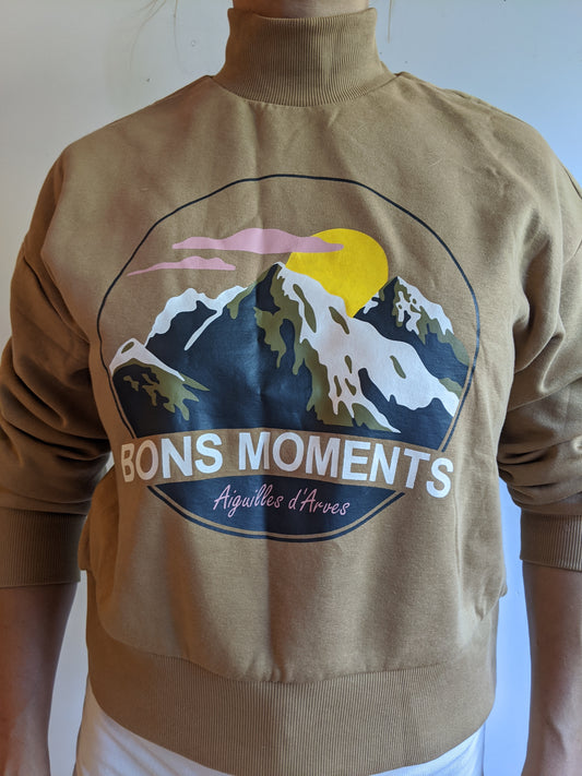 Mock Neck Graphic Crew Retro Brown Alpine