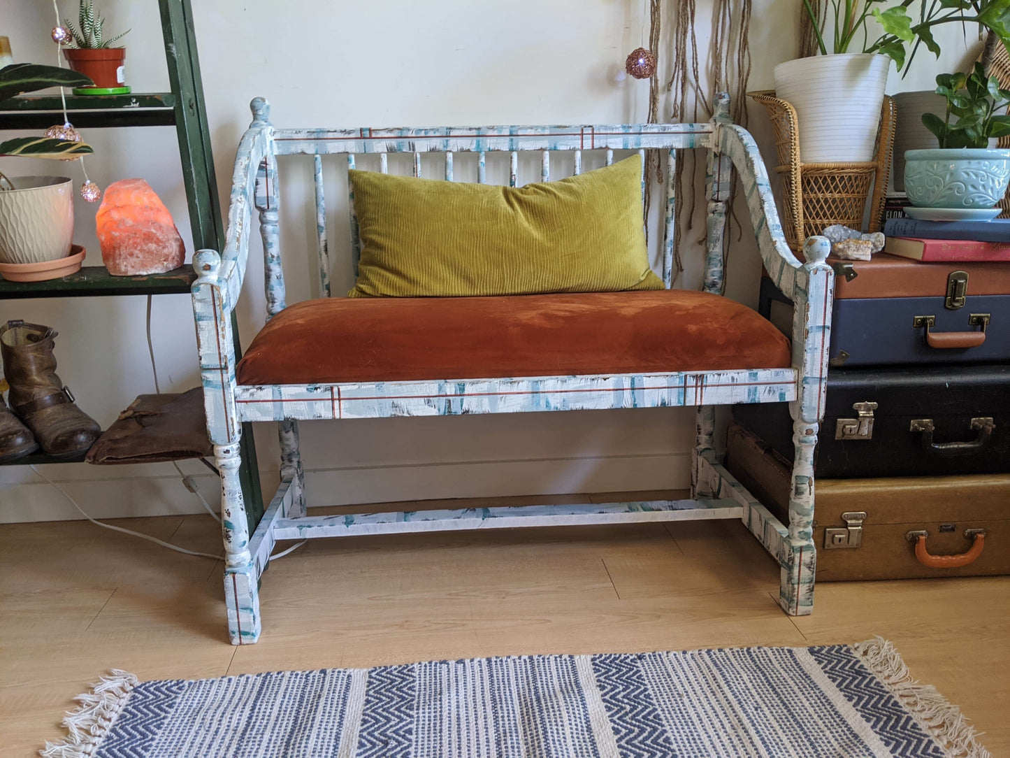 Brooklyn Bench Orange Rusty Velvet Refurbished Distressed Look Vintage Rustic Retro