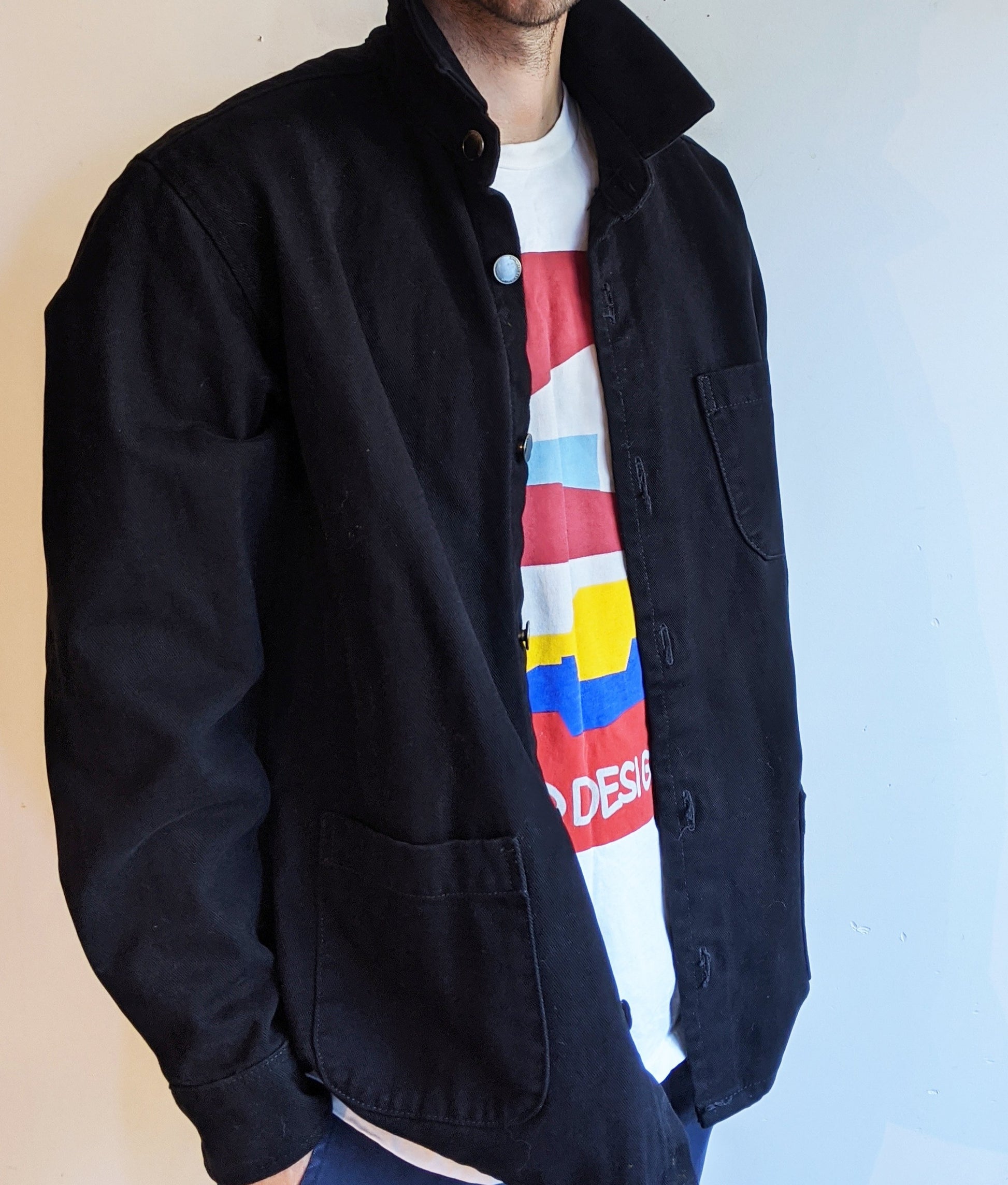 Chore Jacket Coat Men Denim Black 3 Pocket Yellow 