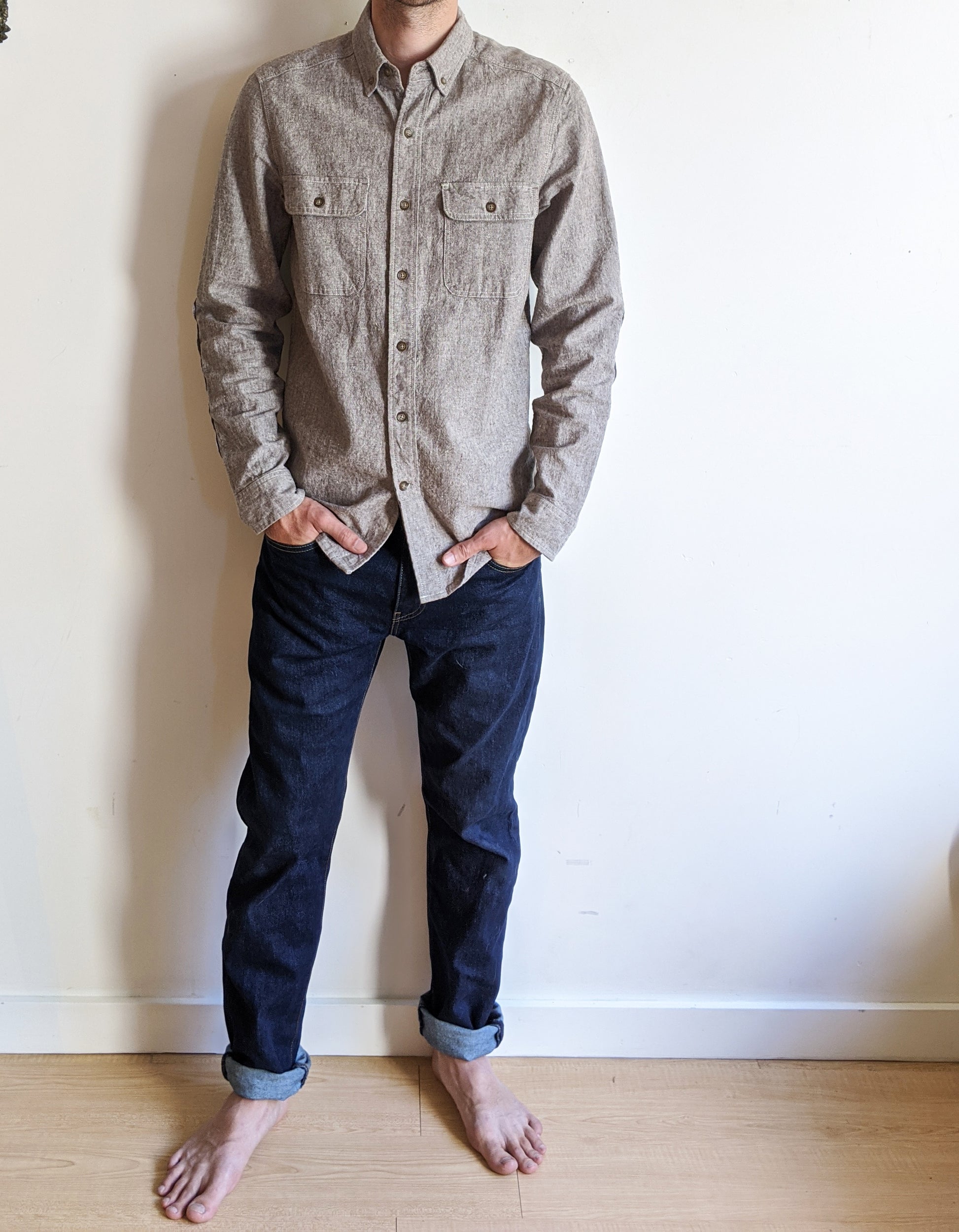 Workwear Shirt Grey Hemp Mens Elbow Patch
