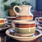 Vintage retro 70's style ceramic coffee cups green brown orange stripes cream jug saucer made in france victoria bc canada thrift