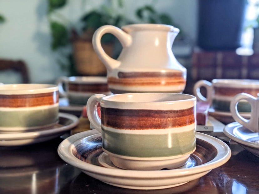 Vintage retro 70's style ceramic coffee cups green brown orange stripes cream jug saucer made in france victoria bc canada thrift