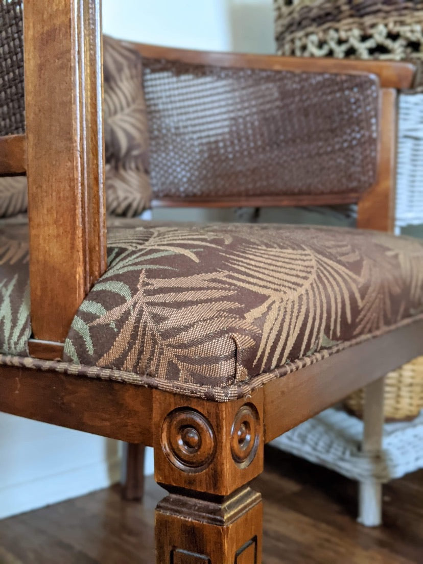 Wicker Wood Barrel Style Bombay 1960's fabric palm print dark brown victoria bc canada used second hand thrift