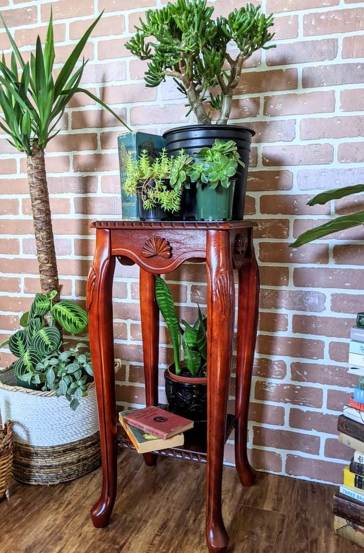 Cherry wood vintage seashell motif plant stand side table victoria bc vintage furniture