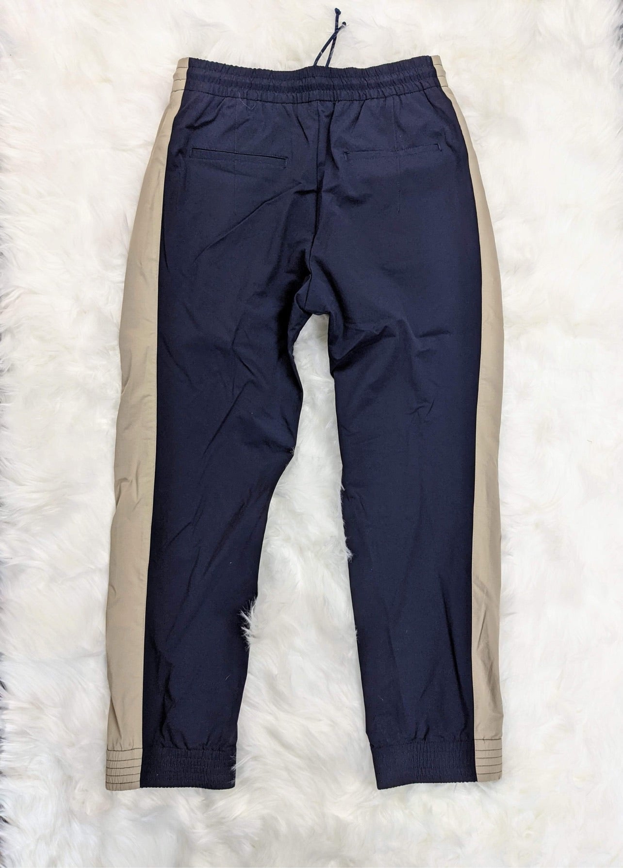 track pants blue beige stripes retro style