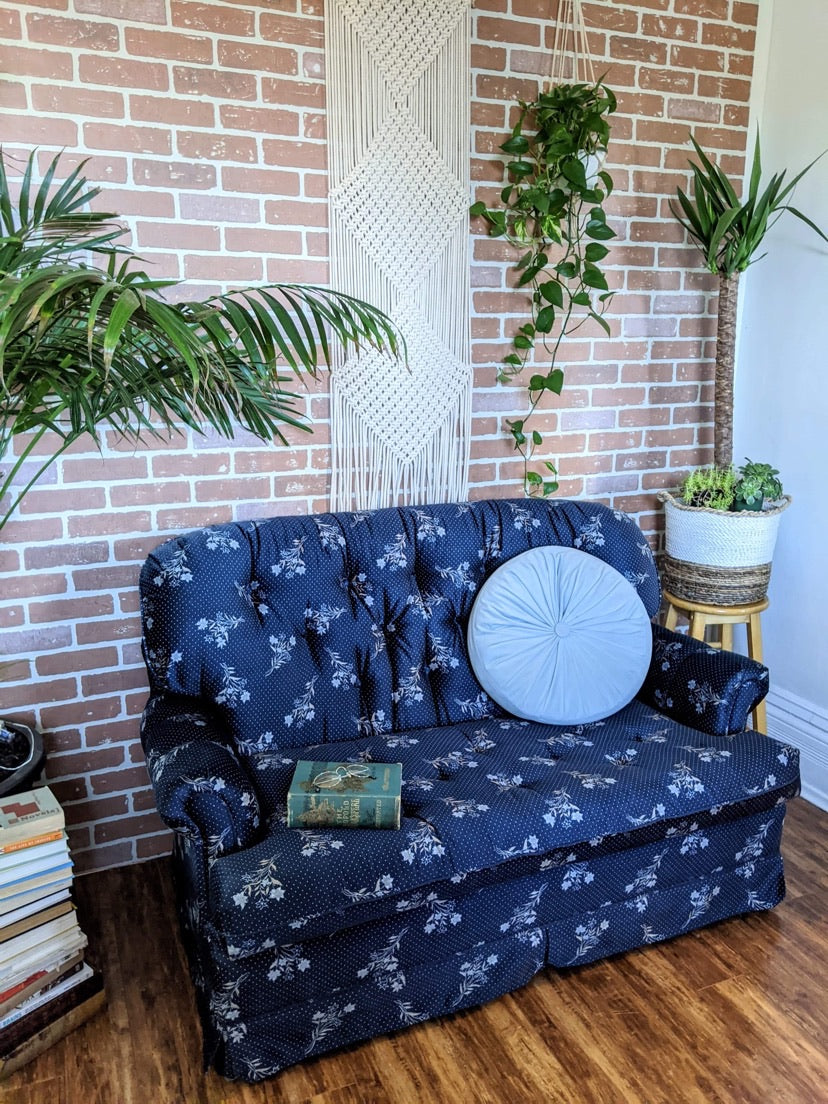 royal blue vintage velvet style couch with floral print victoria bc furniture