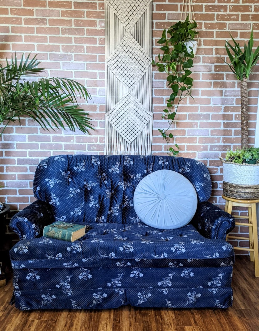 royal blue vintage velvet style couch with floral print victoria bc furniture