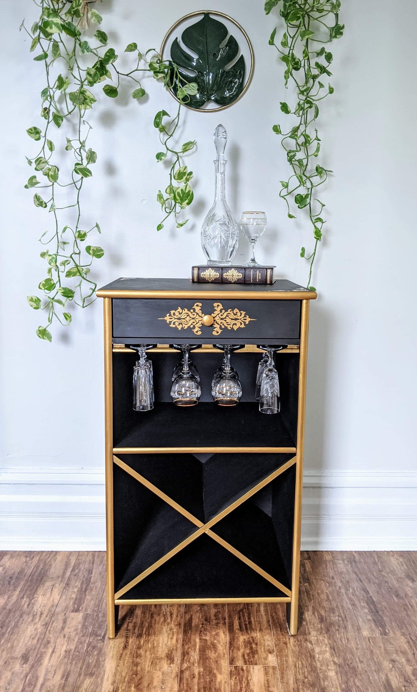 Great Gatsby Art Deco 1920's 1930's Style Black Gold Bar Cabinet Wood Vintage Retro Rare Victoria BC Canada Secondhand Thrift Antique