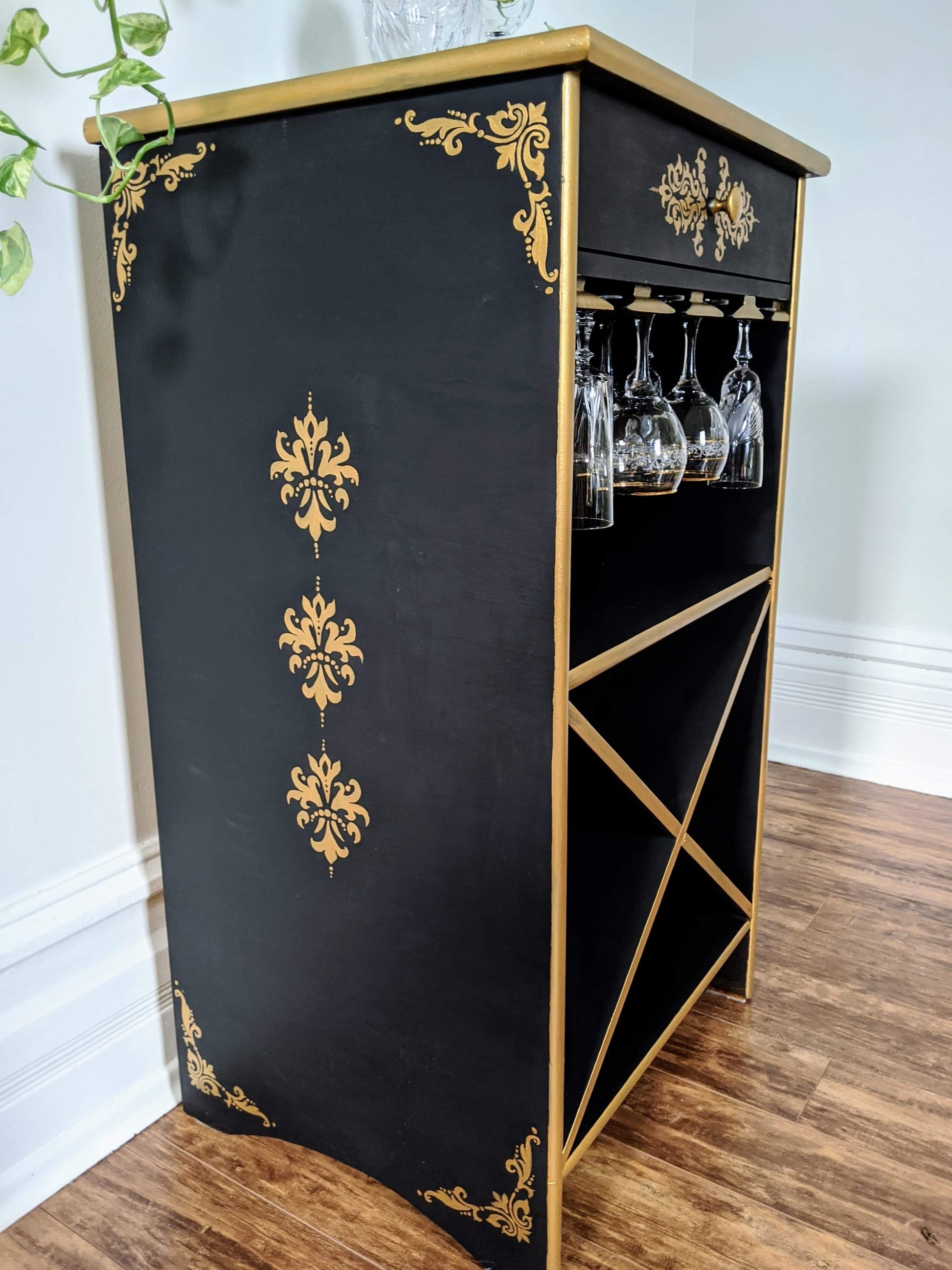 Great Gatsby Art Deco 1920's 1930's Style Black Gold Bar Cabinet Wood Vintage Retro Rare Victoria BC Canada Secondhand Thrift Antique