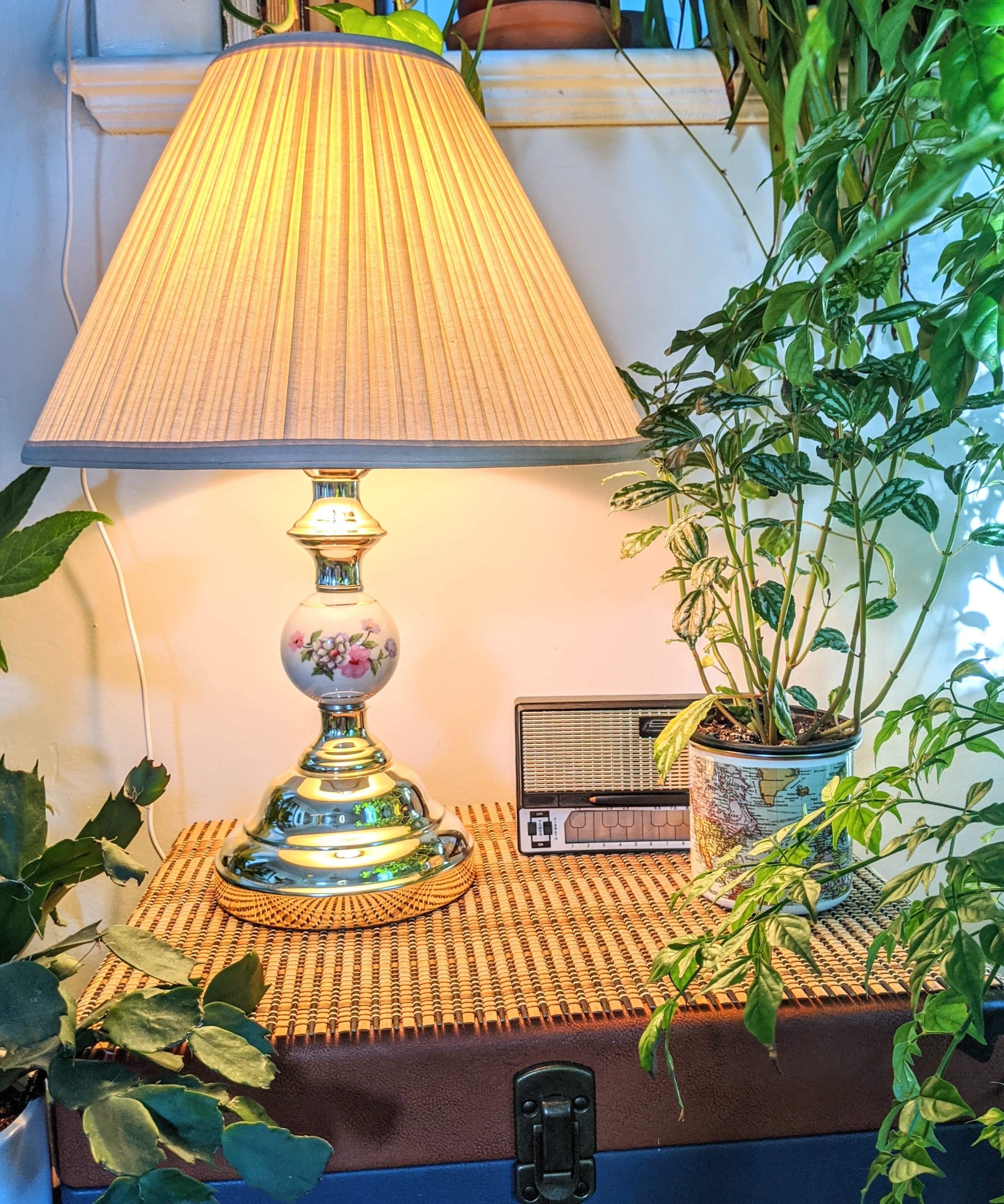 Vintage Retro Brass Lamp Floral Motif White Porcelain Victoria BC Secondhand thrift antique