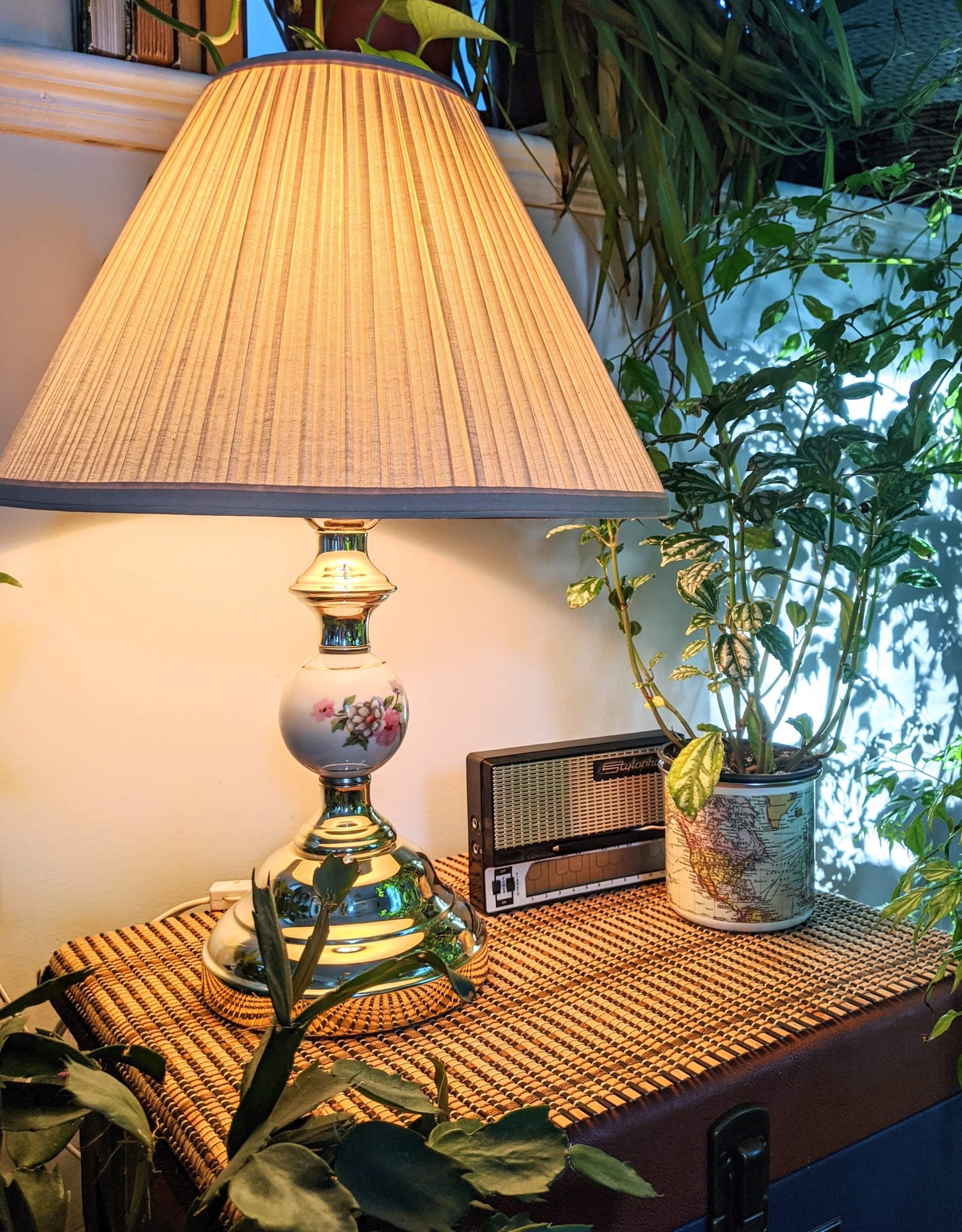 Vintage Retro Brass Lamp Floral Motif White Porcelain Victoria BC Secondhand thrift antique