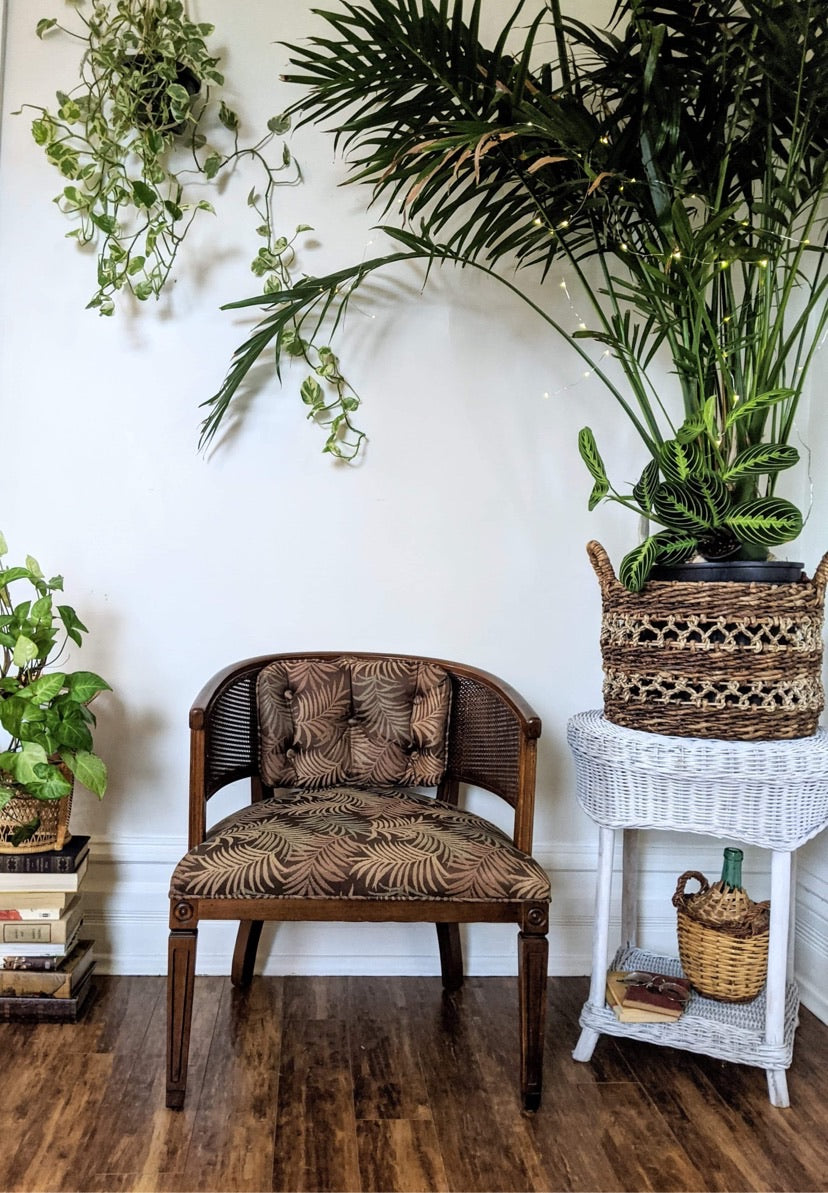 Wicker Wood Barrel Style Bombay 1960's fabric palm print dark brown victoria bc canada used second hand thrift