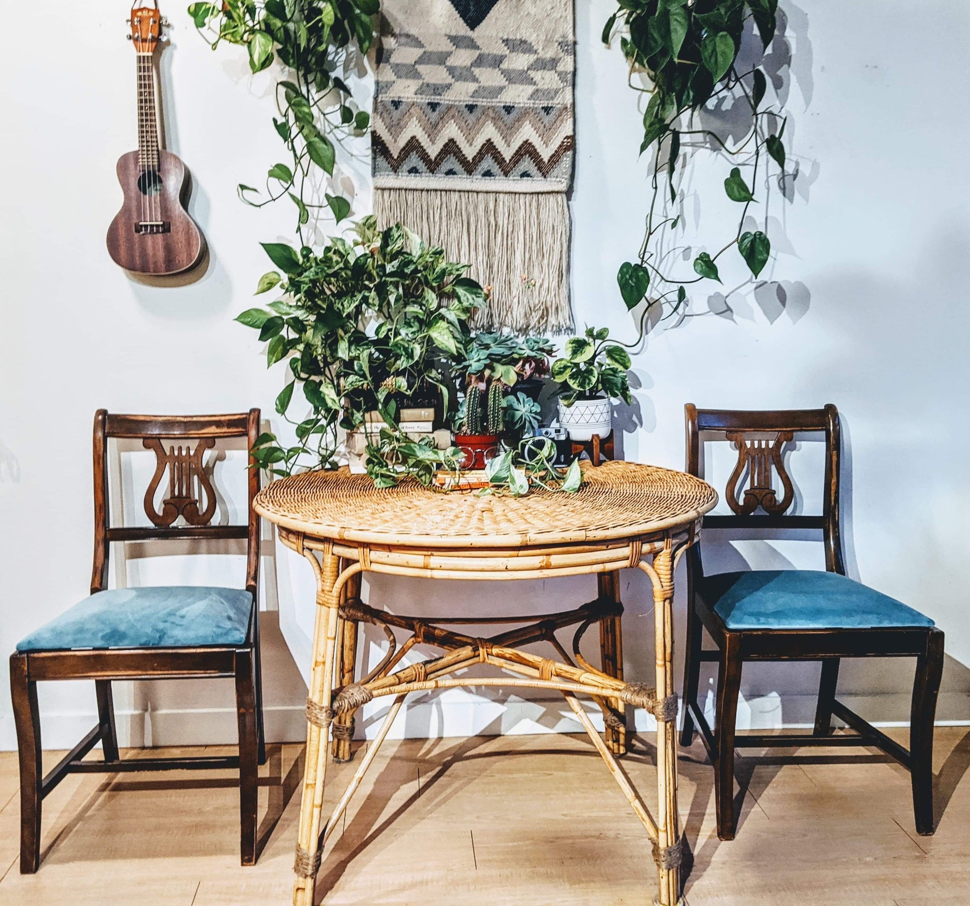 Wicker Bamboo Bohemian Style Dinning Table  Edit alt text