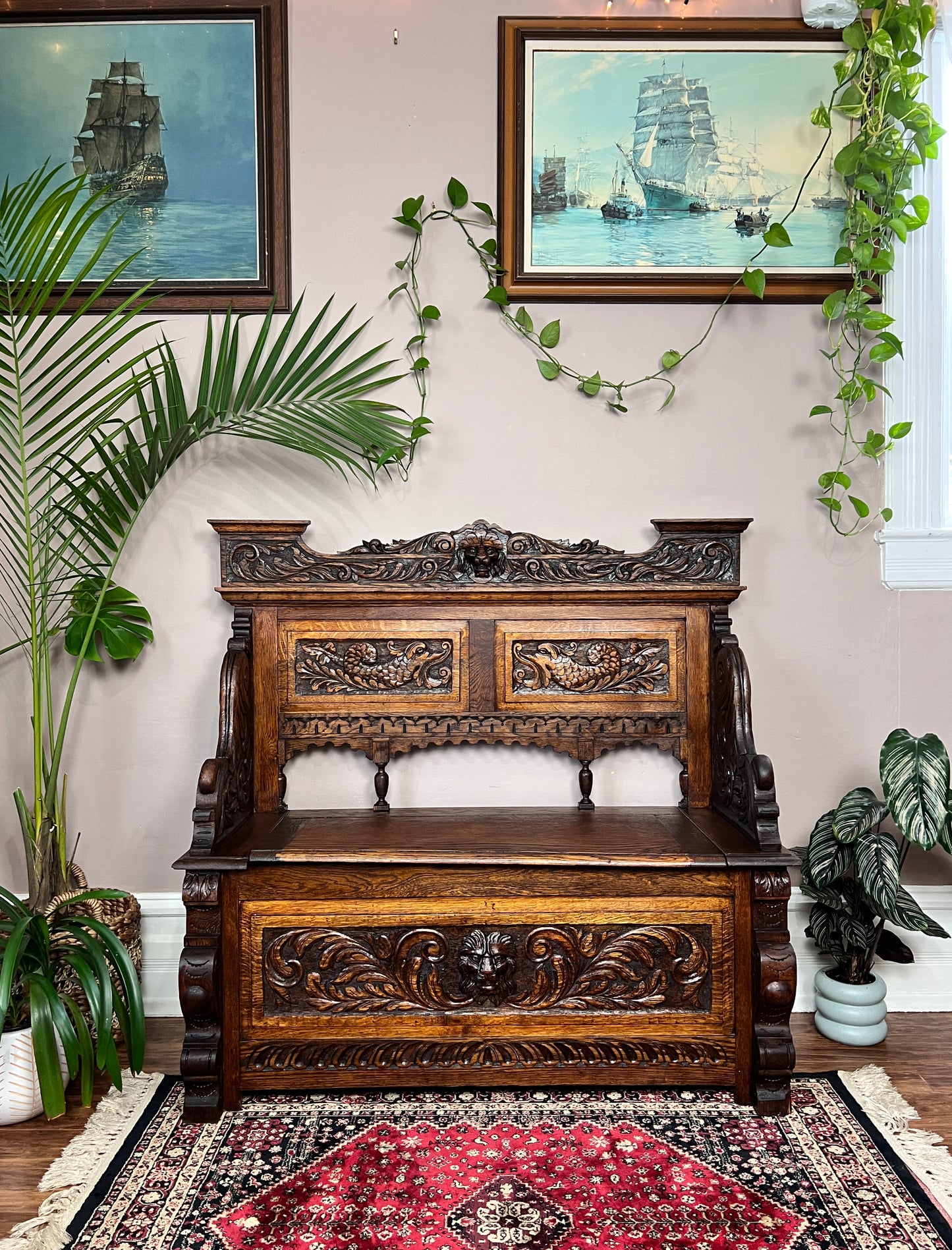 19th Century Dark Oak Gothic Carved Detailing Deacon's Bench