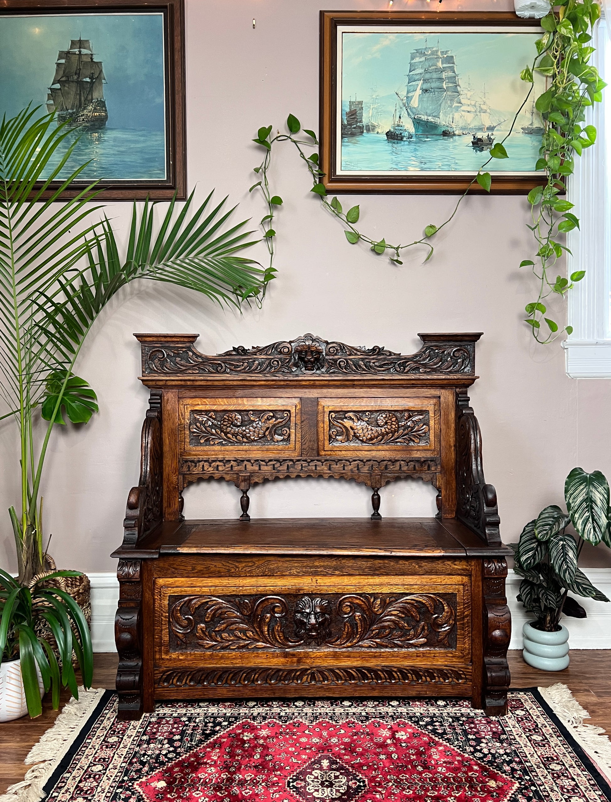 19th Century Dark Oak Gothic Carved Detailing Deacon's Bench