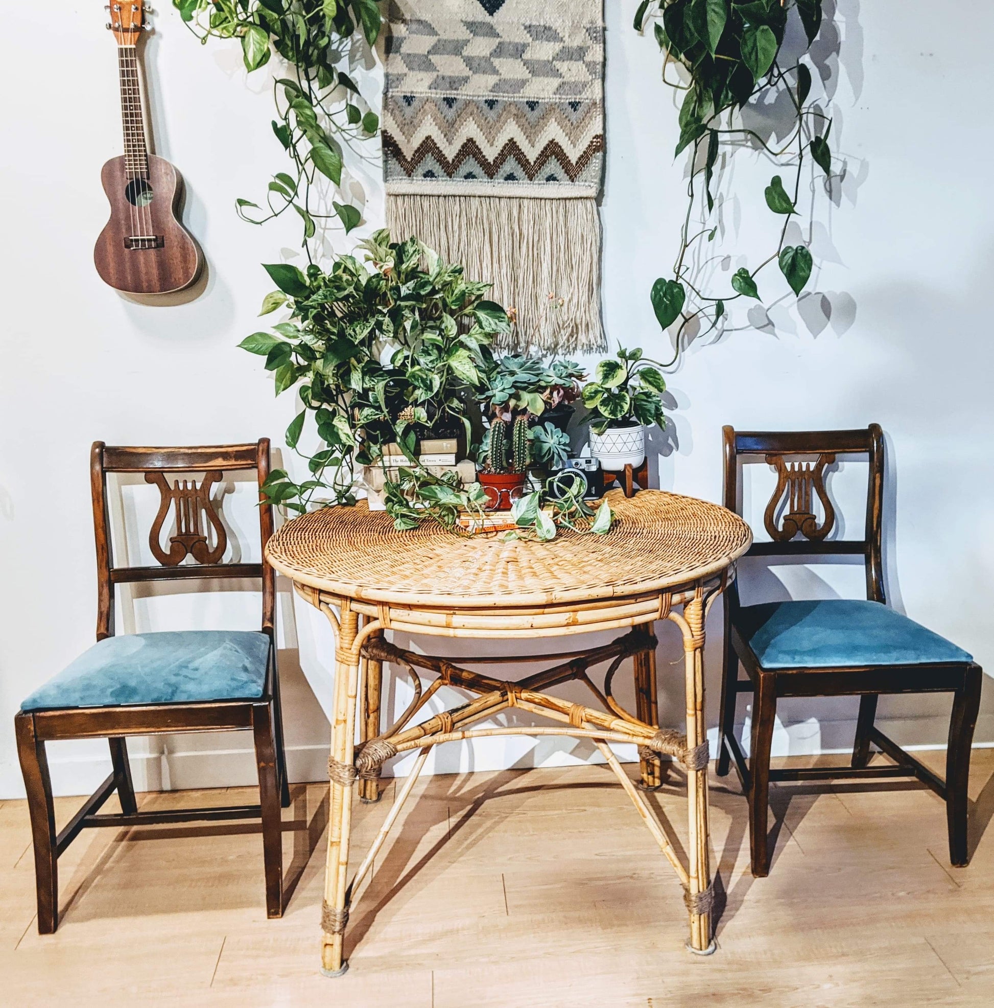 Wicker Bamboo Bohemian Style Dinning Table  Edit alt text