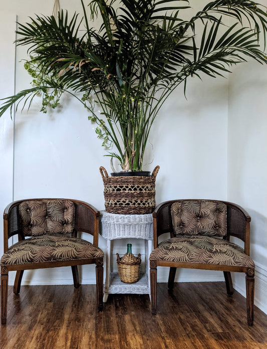 Wicker Wood Barrel Style Bombay 1960's fabric palm print dark brown victoria bc canada used second hand thrift