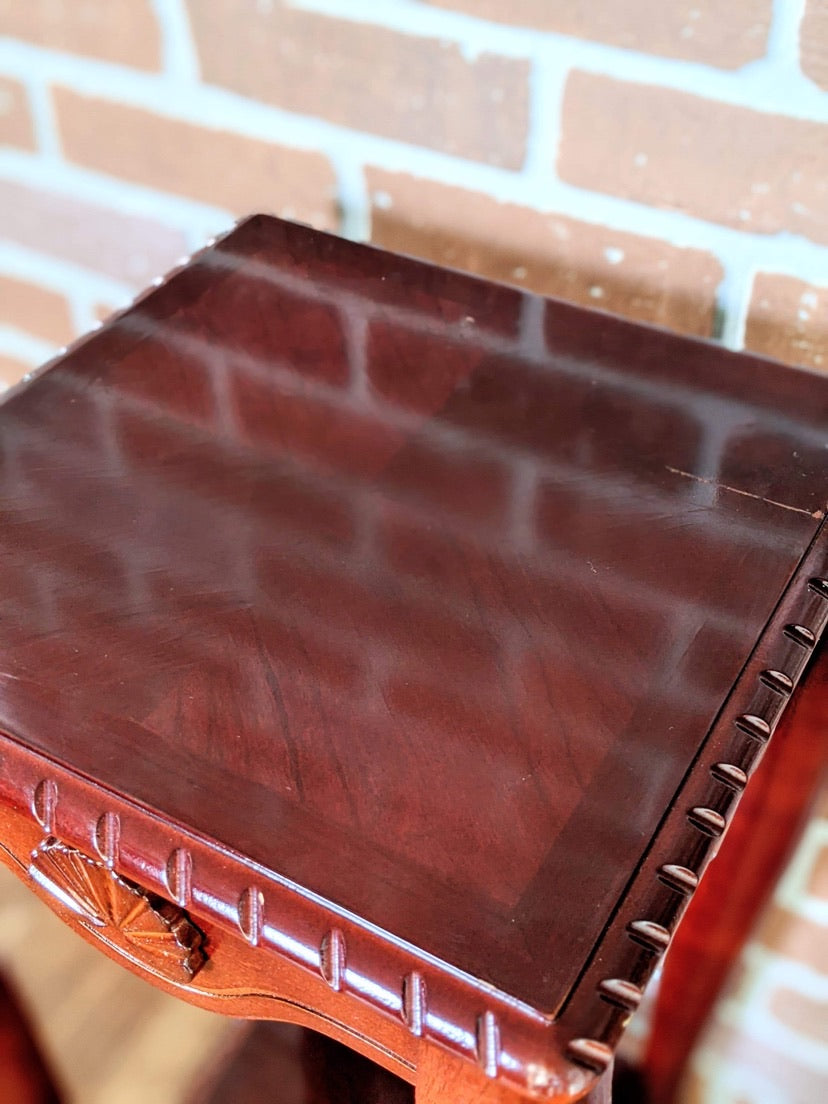 Cherry wood vintage seashell motif plant stand side table victoria bc vintage furniture