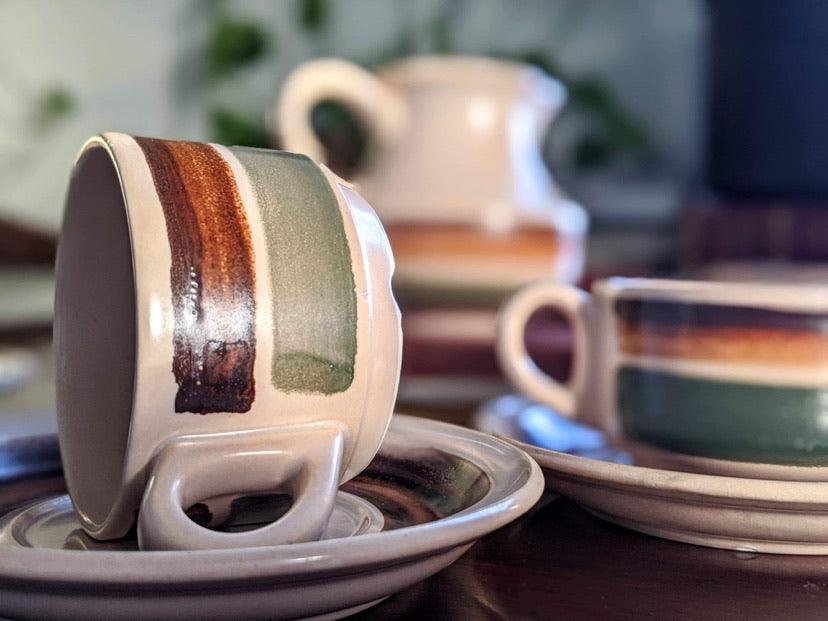 Vintage retro 70's style ceramic coffee cups green brown orange stripes cream jug saucer made in france victoria bc canada thrift
