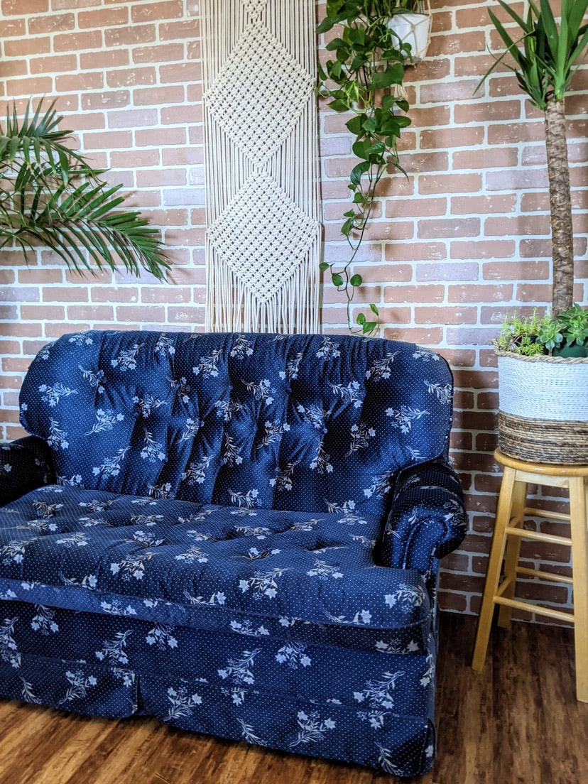 royal blue vintage velvet style couch with floral print victoria bc furniture