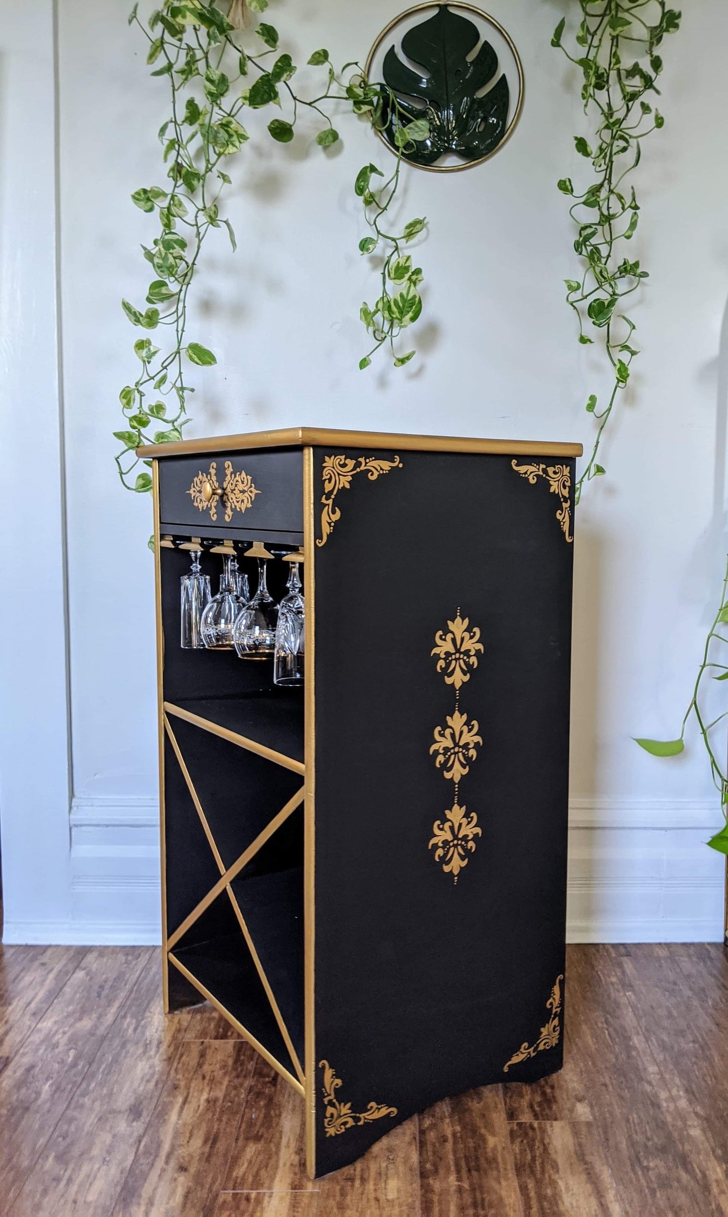 Great Gatsby Art Deco 1920's 1930's Style Black Gold Bar Cabinet Wood Vintage Retro Rare Victoria BC Canada Secondhand Thrift Antique