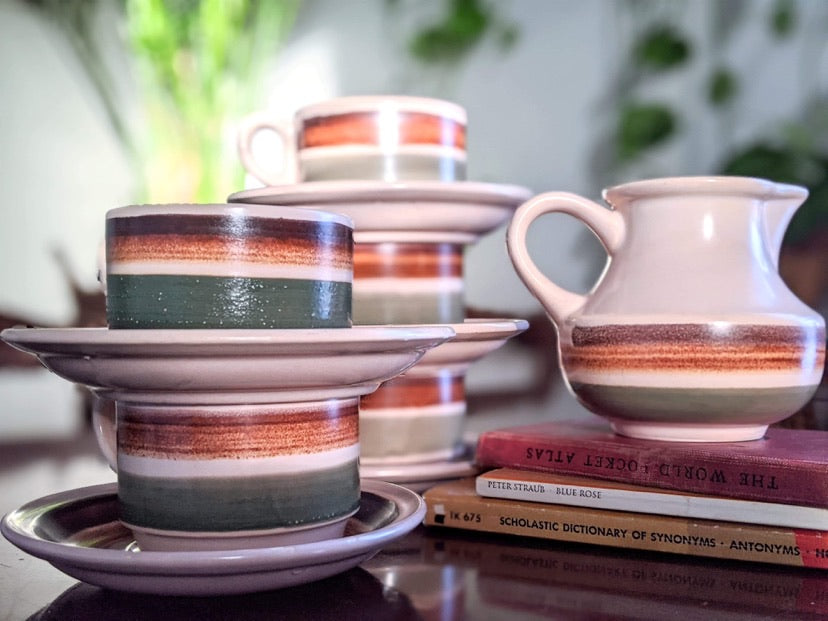 Vintage retro 70's style ceramic coffee cups green brown orange stripes cream jug saucer made in france victoria bc canada thrift
