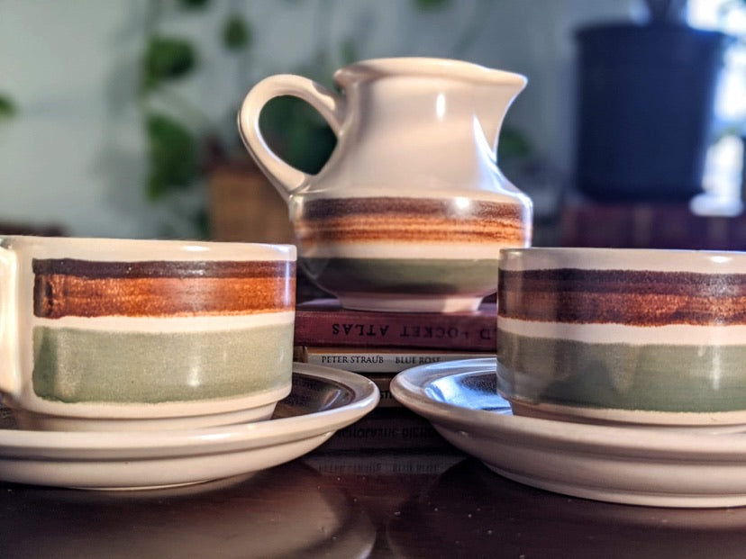 Vintage retro 70's style ceramic coffee cups green brown orange stripes cream jug saucer made in france victoria bc canada thrift