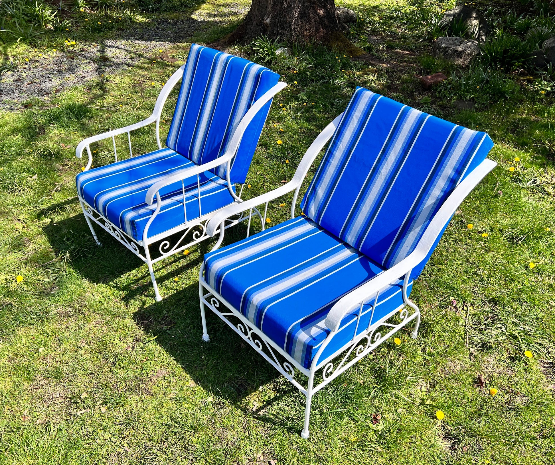Midcentury 60s White Metal Patio Garden Chairs with blue and white striped upholstered cushions