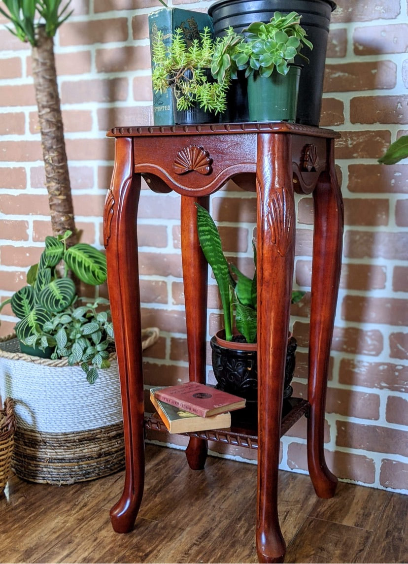 Cherry wood vintage seashell motif plant stand side table victoria bc vintage furniture