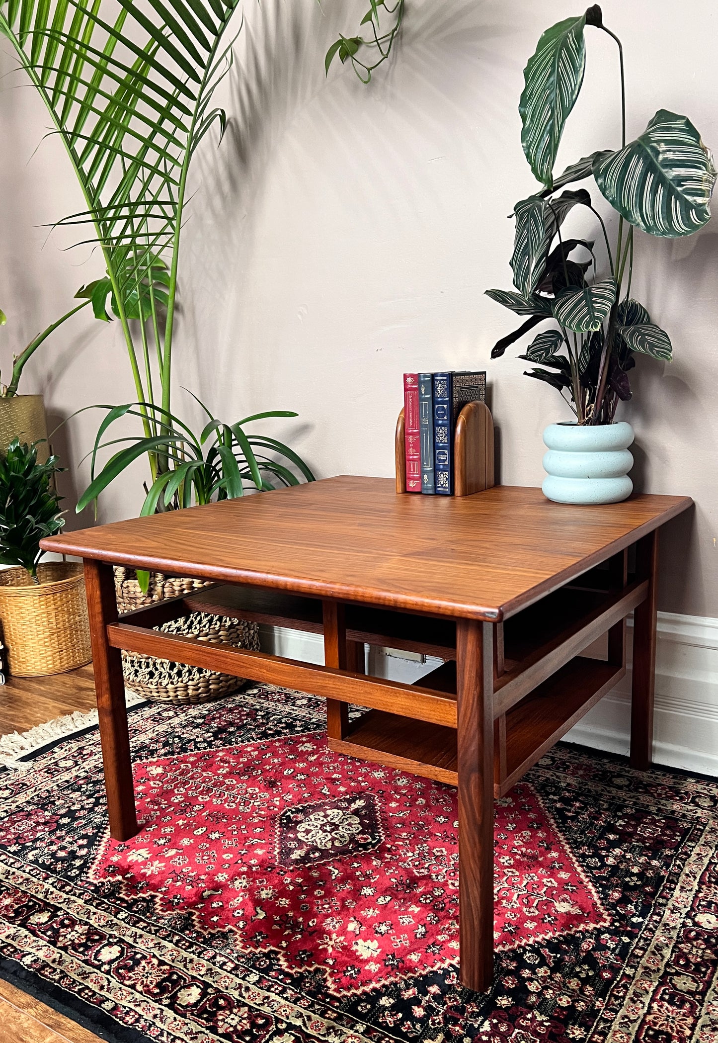 Vintage Teak Coffee Table With two tiered shelves underneath