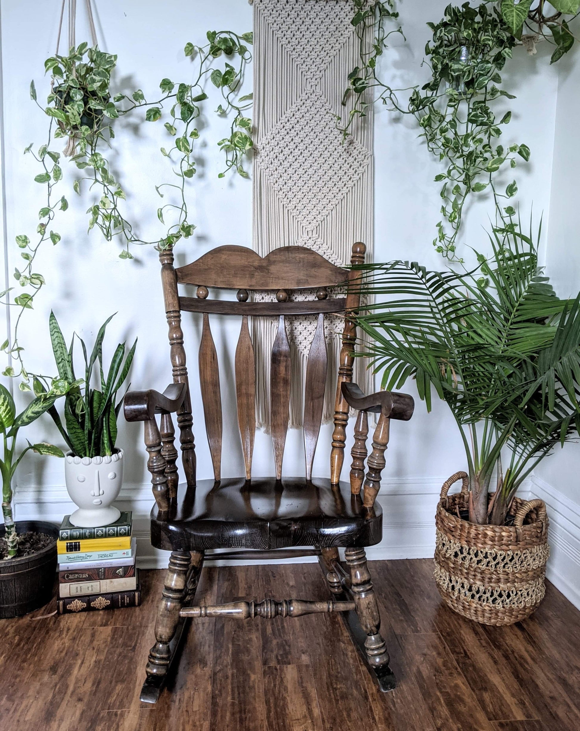 Retro Vintage Solid Wood Folk Rocking Chair Dark Brown Antique Victoria BC Furniture