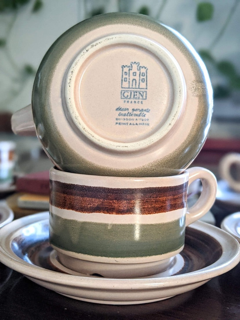 Vintage retro 70's style ceramic coffee cups green brown orange stripes cream jug saucer made in france victoria bc canada thrift