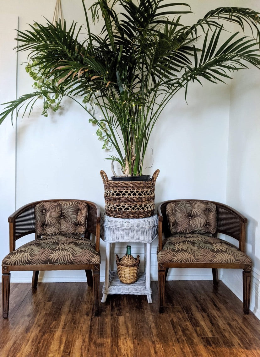 Wicker Wood Barrel Style Bombay 1960's fabric palm print dark brown victoria bc canada used second hand thrift