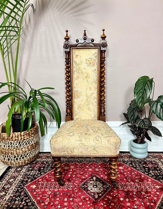 19th Century Antique Barley Twist Prayer Chair with floral upholstery