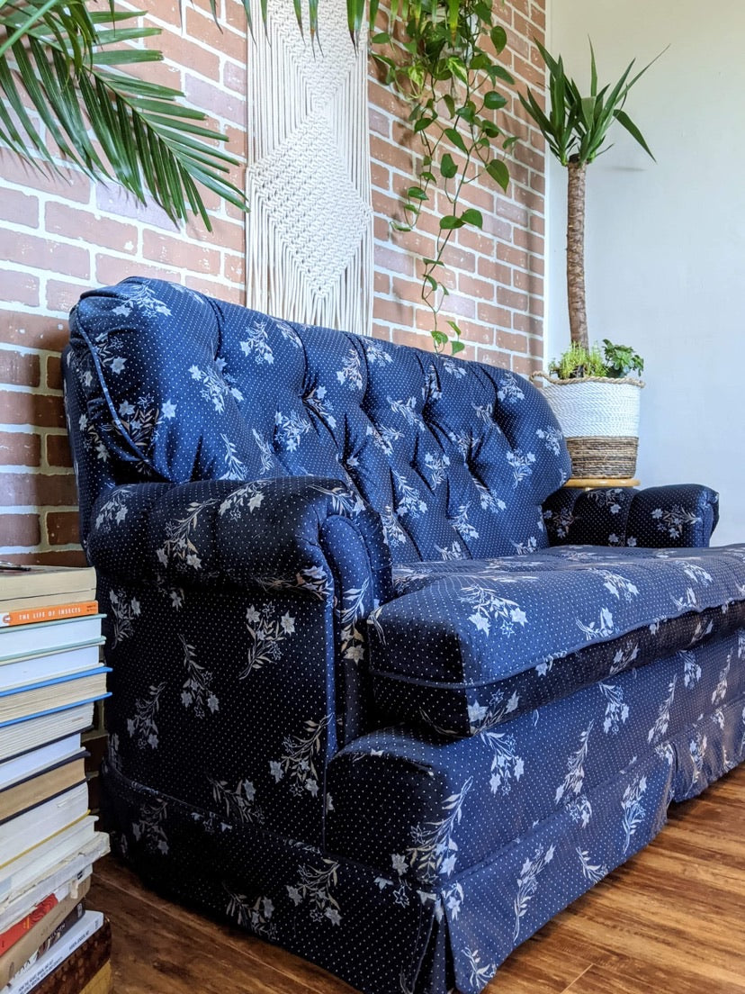 royal blue vintage velvet style couch with floral print victoria bc furniture