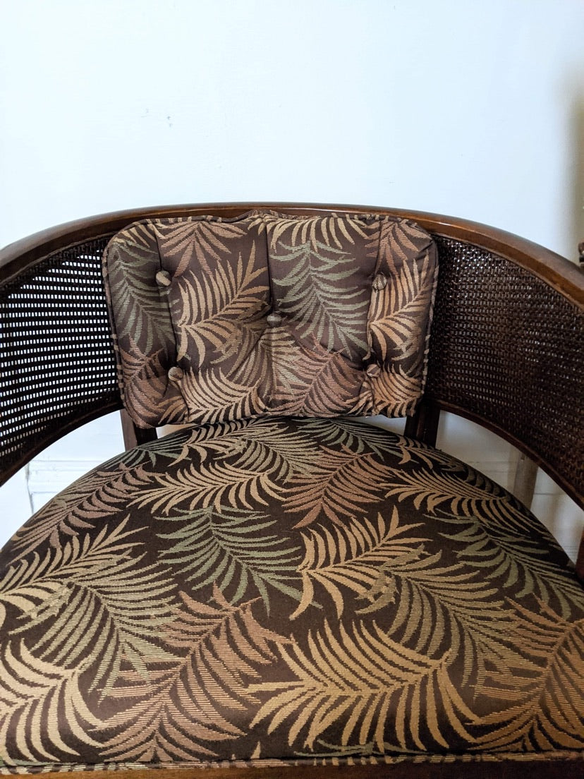 Wicker Wood Barrel Style Bombay 1960's fabric palm print dark brown victoria bc canada used second hand thrift