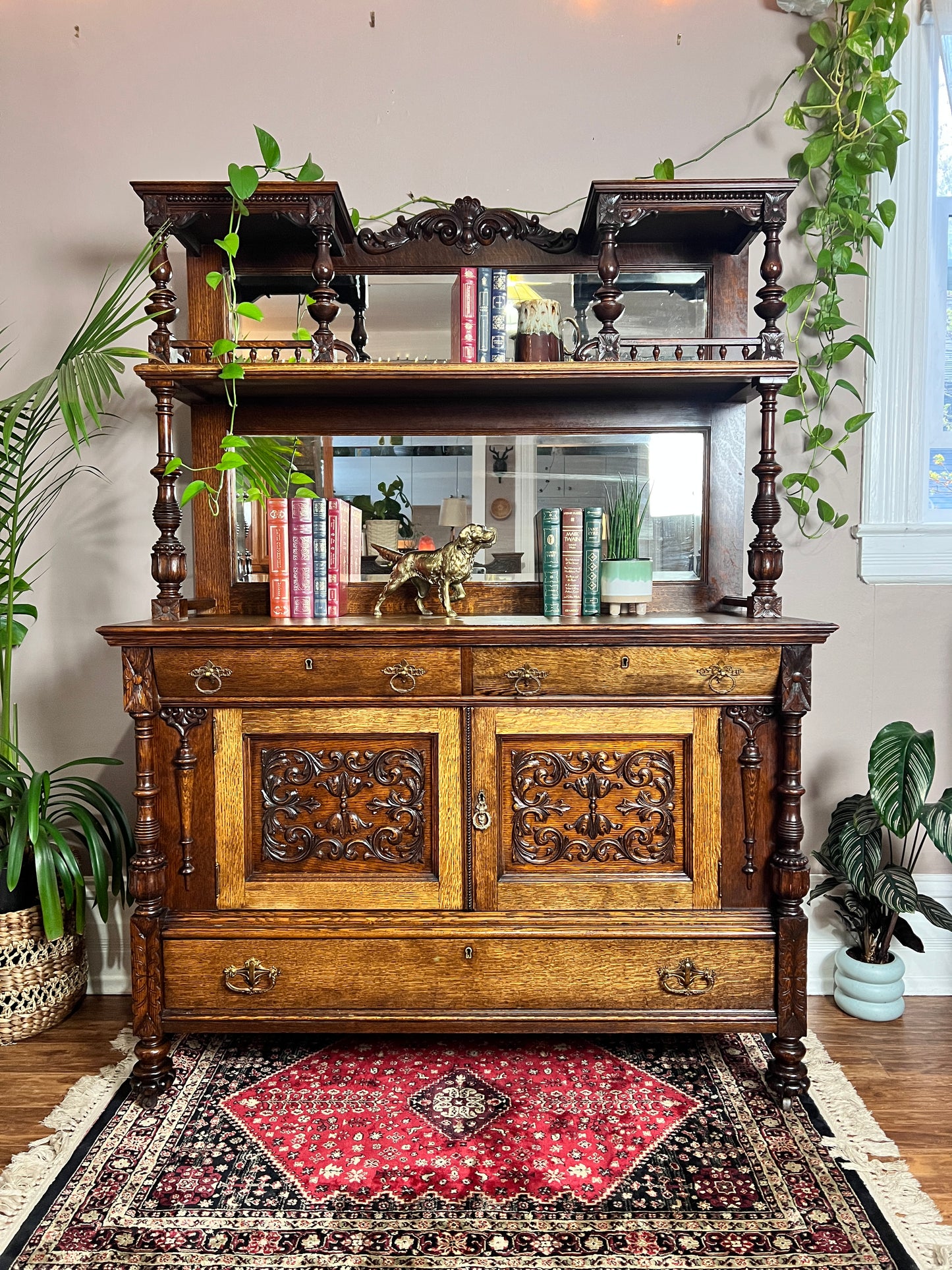 19th Century Two Toned Oak Mirrored Back Buffet Hutch Hand Carved Detailing