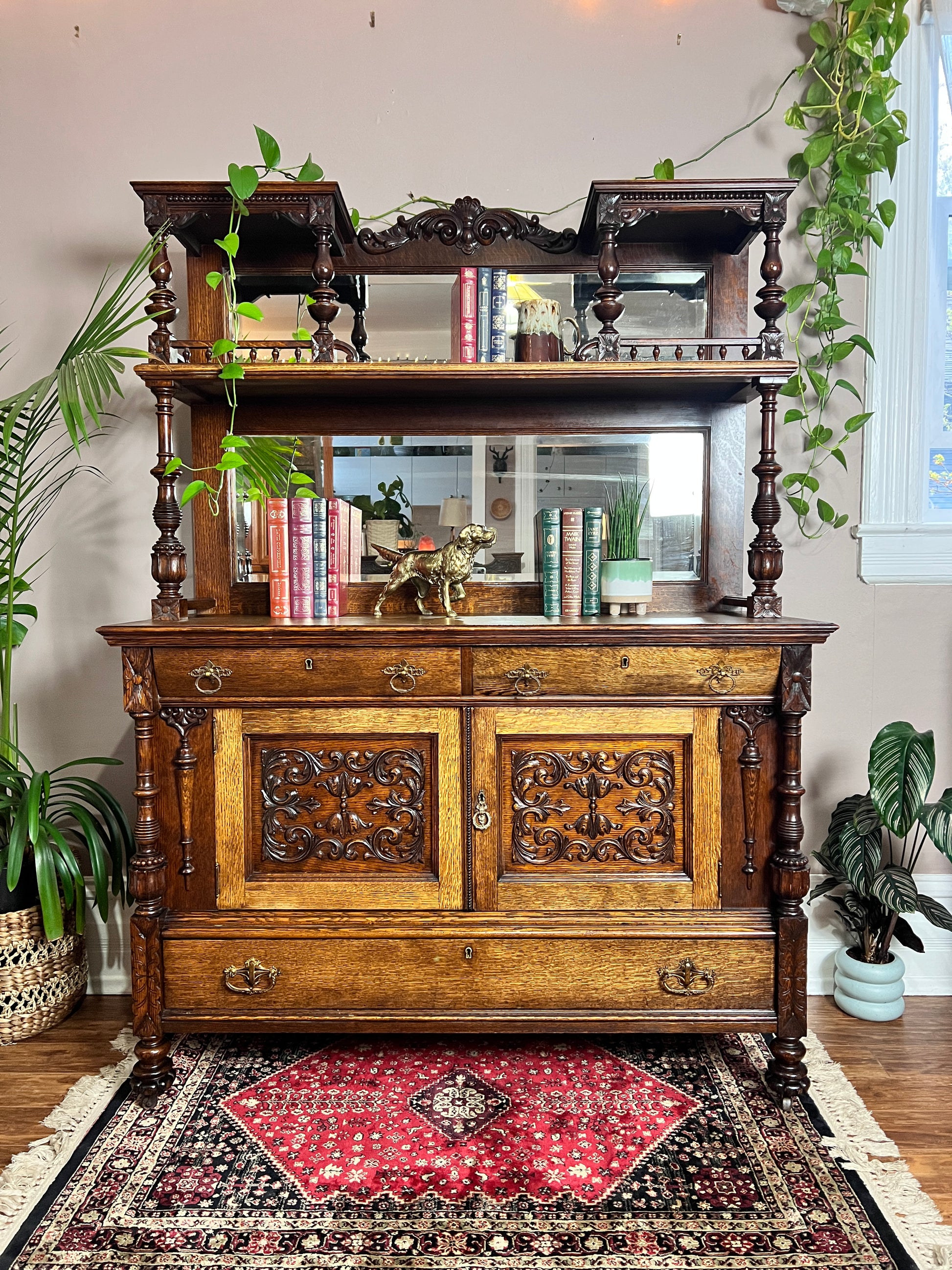 19th Century Two Toned Oak Mirrored Back Buffet Hutch Hand Carved Detailing